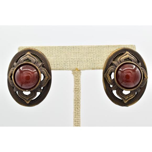 Ginnie Johansen Amber Cabochon Clip On Earrings Brass Tone Signed 1980s BinBK - Picture 1 of 16